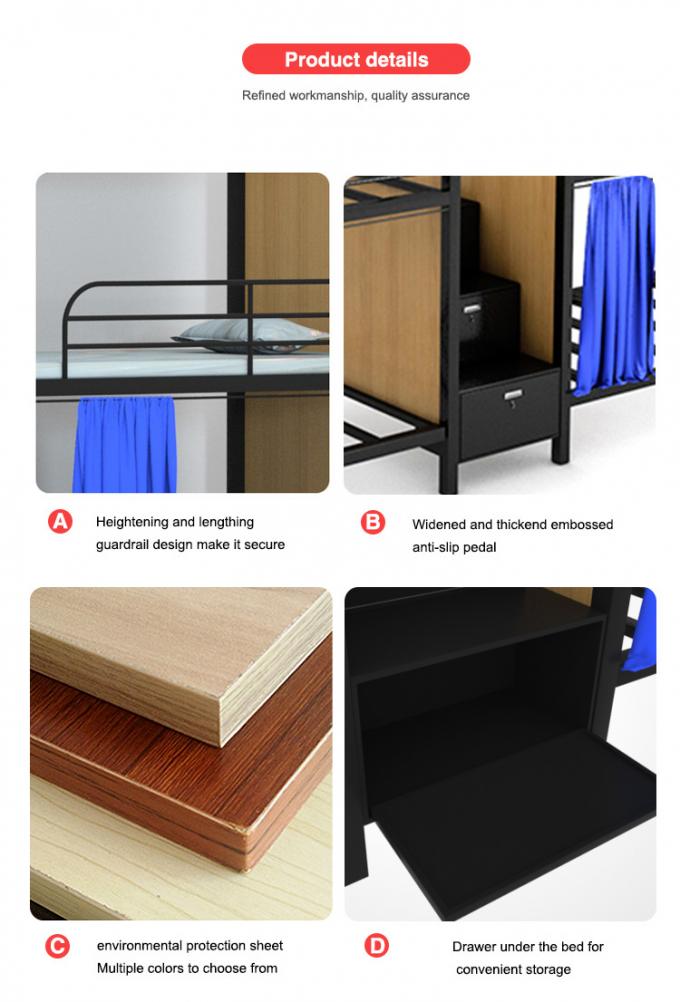 Hotel double decker curtain bed steel bunk beds with middle ladder and locker