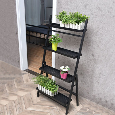 Home Four Tiers Black Iron Flower Rack Shelf With Drain Basket