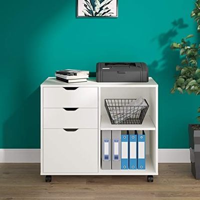 3 Drawer Metal Mobile Lateral Printer Stand Filing Cabinet With Open Storage Shelves